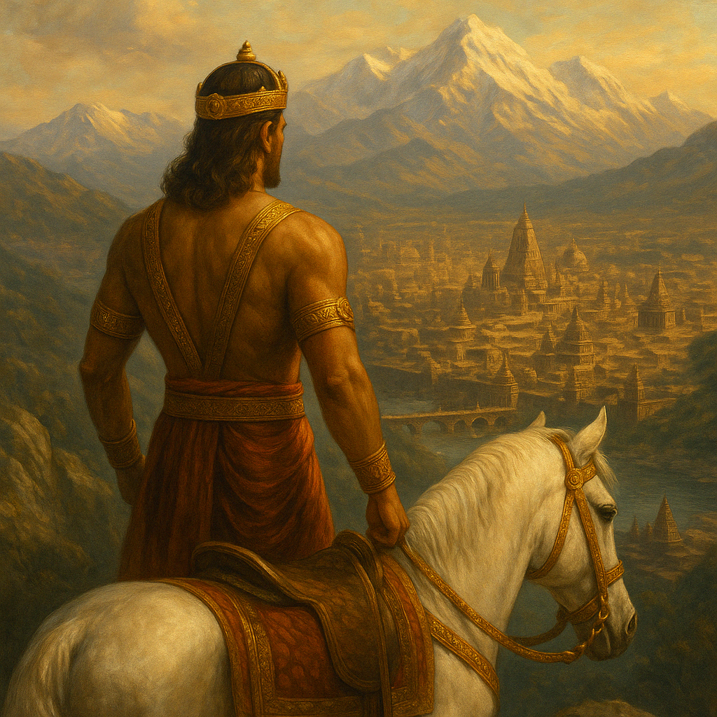 Aryaman standing beside his white horse, gazing at the golden city of Kashyap Puri by the Sindhu River with the Himalayas in the background