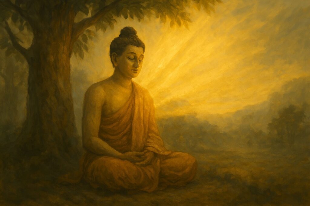 Siddhartha Gautama, the Buddha, meditating peacefully under the Bodhi tree, bathed in golden sunrise light, symbolizing liberation through sacred subtraction and inner awakening.