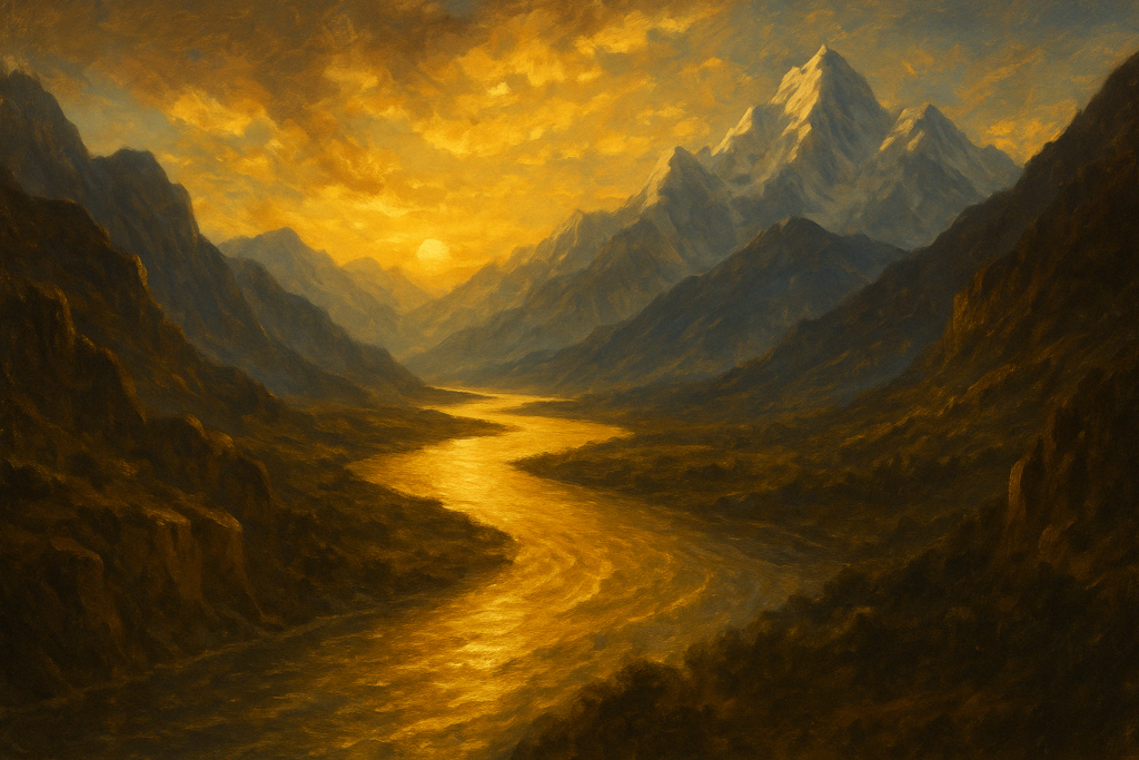 A radiant golden river winding through dark Himalayan valleys at sunset, reflecting celestial light beneath towering snow-capped peaks, symbolizing the divine Sindhu River in the world of Jambudweep Mahāgāthā.

