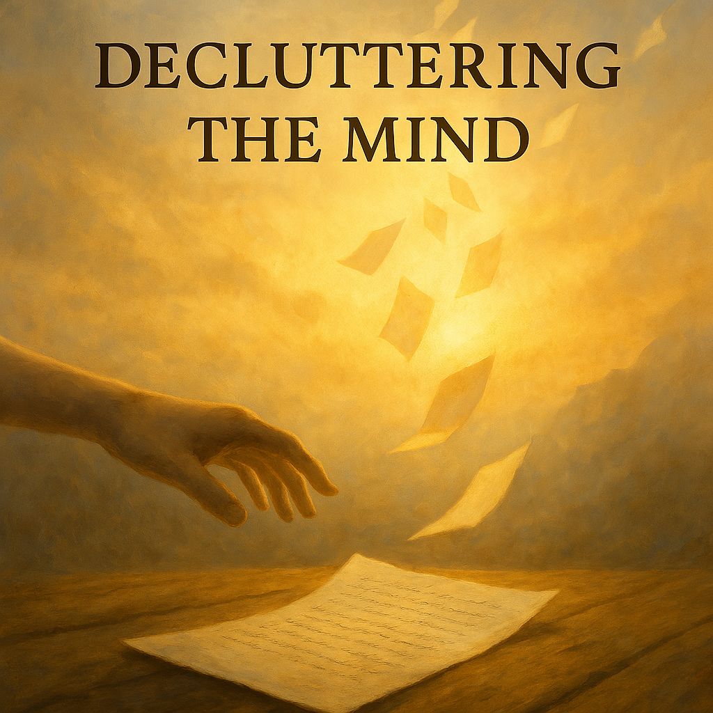 A symbolic scene of decluttering the mind, showing an outstretched hand releasing papers into a glowing sunrise sky, representing emotional cleansing and mental clarity.
