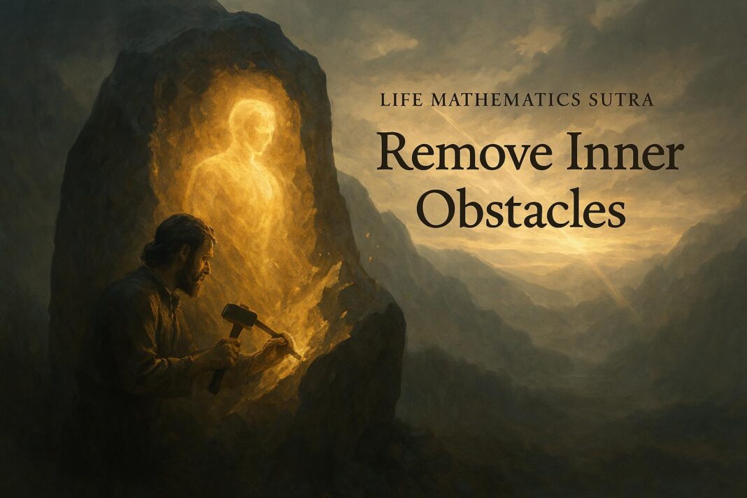 A sculptor chiseling a radiant human figure from stone, symbolizing removal of inner obstacles and awakening of infinite potential, misty valley background, sunrise light.