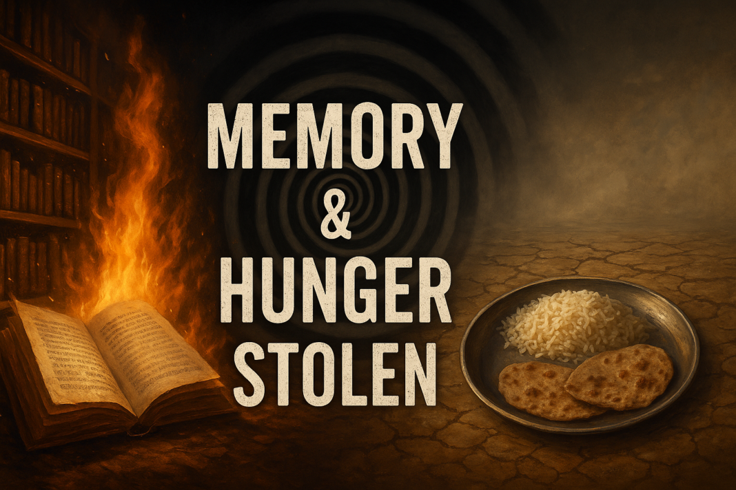 An illustration of burning manuscripts beside a plate of wheat roti and rice, symbolizing the theft of memory and food during colonization, with the words “Memory & Hunger Stolen.”