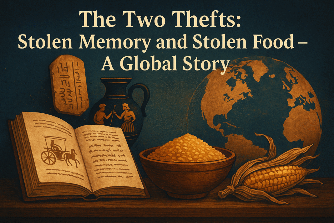 A vintage-style illustration showing an open manuscript, an inscribed stone tablet, a black vase with human figures, a bowl of golden grains, and an ear of corn placed before a glowing globe of the Earth. The text reads: “The Two Thefts: Stolen Memory and Stolen Food – A Global Story.” Caption